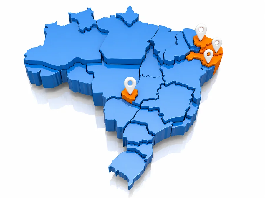 Mapa do Brasil com Fortaleza, João Pessoa, Recife e Brasília destacadas