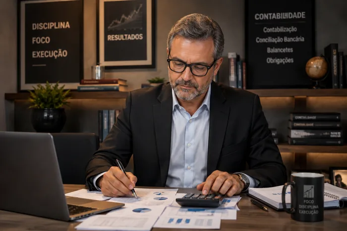 Contador da Gerencial Condomínios analisando balancetes e relatórios